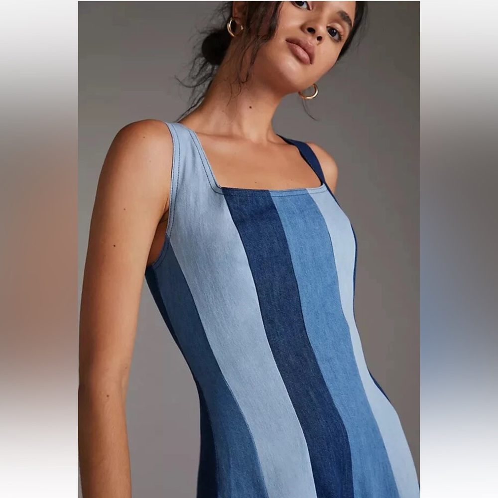 Anthropologie x Farm Rio Blue and White denim color blocked Midi Dress S - Picture 3 of 13